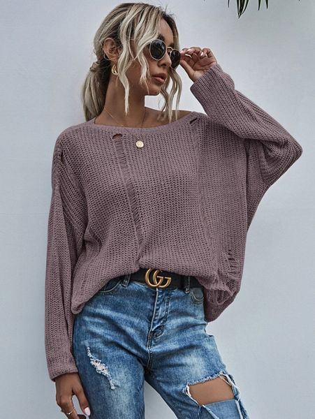 

drop shoulder ripped oversized sweater s9gb#, White;black