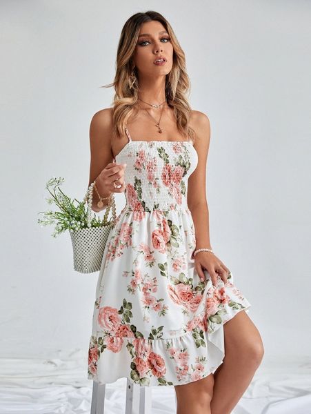 

floral print shirred ruffle hem cami dress p62r#, Black;gray