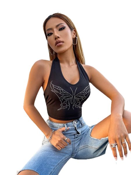 

rhinestone butterfly pattern rib knit halter l3nz#, White