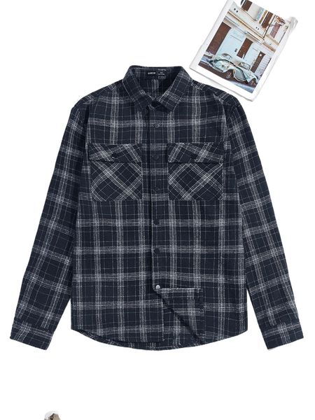 

men flap pocket plaid shirt 97vs#, White;black