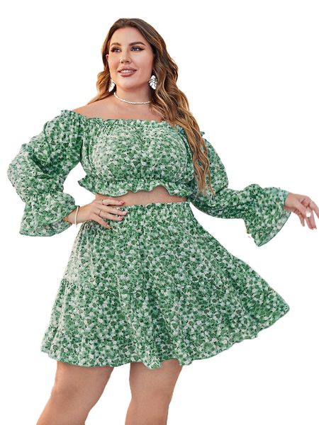 

plus ditsy floral off shoulder flounce sleeve & ruffle hem skirt n5r9#, Black