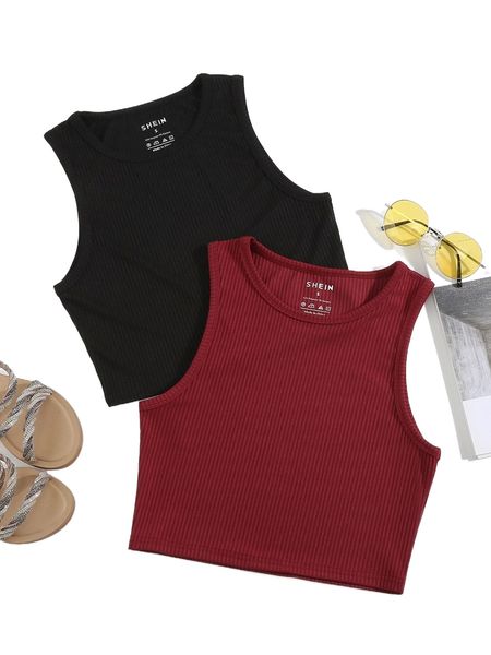 

2pcs solid ribbed knit tank 331v#, White