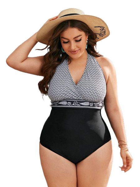 

plus color block paisley print one piece swimsuit s1i3#, White;black