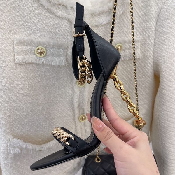 

designer summer lady fashion women sandals genuine leather chains strappy high heels zapatos mujer shoes, Black