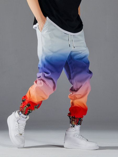 

men building print ombre drawstring waist pants h7cw#, Black