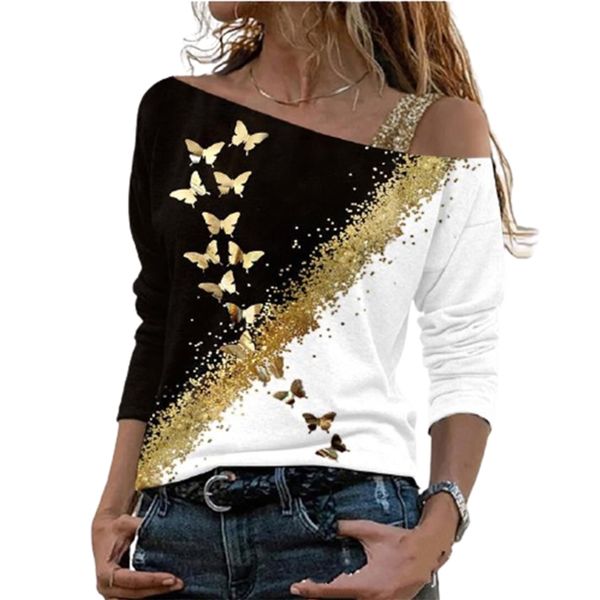 

fashion butterfly figure print off shoulder t-shirt women diagonal collar long sleeve autumn elegant streetwear tees 220511, White