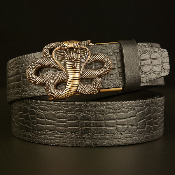 

classic layer crocodile pattern men's belt with jeans retro cobra automatic buckle casual pure leather belt business fashion sports 202, Black;brown