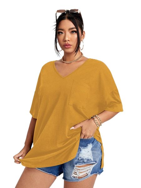 

plus solid v-neck tee n6bs#, Black