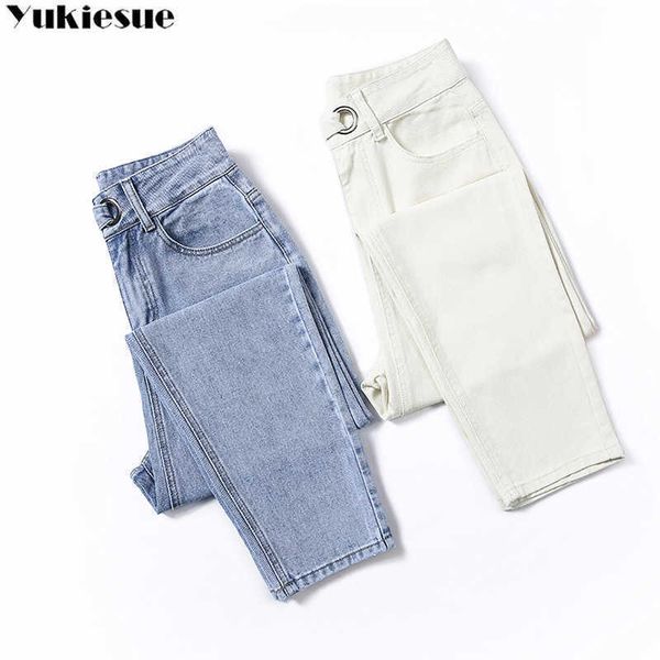 

mom jeans woman elastic waist high wais plus size denim pants loose boyfriend for women washed cotton fashion 210608, Blue