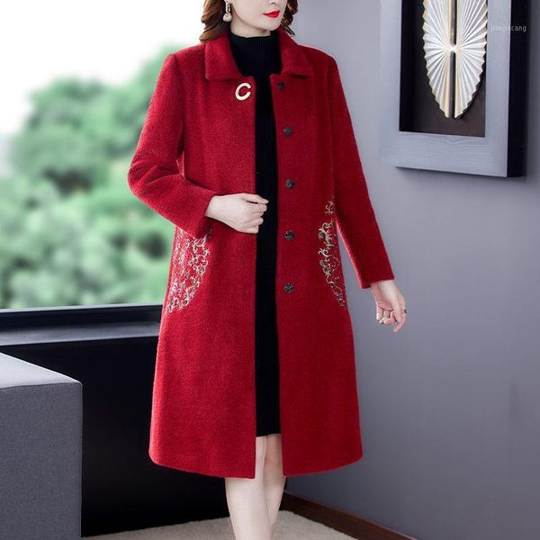 Frauen Wolle Mischungen Herbst Winter Jacke 2022 Chinesischen Stil Stickerei Woolen Schafschur Mantel Temperament Langarm Kleidung L18