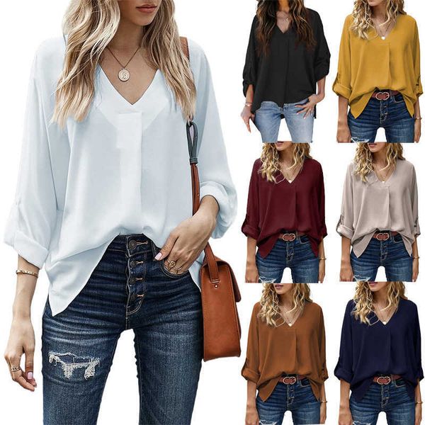 

spring / summer 2022 new women's v-neck cuffed sleeve chiffon shirt casual solid color top, White