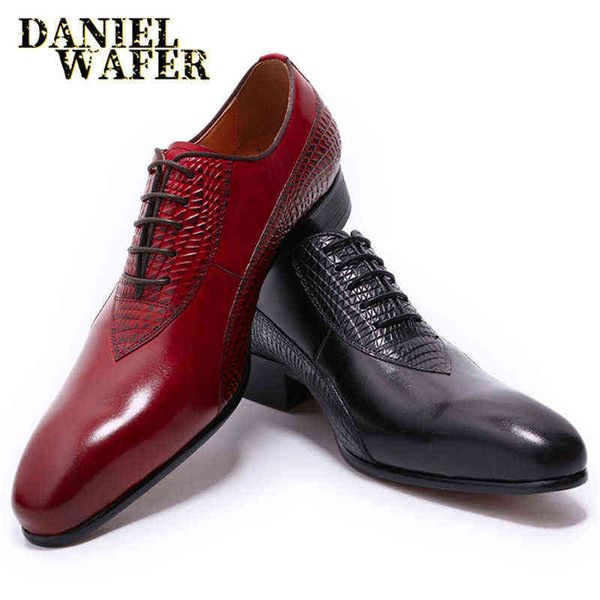 Scarpe da uomo in vera pelle di lusso, lucidate a mano, con lacci, punta a punta, abito da cerimonia nuziale da ufficio, scarpe rosse nere, scarpe oxford da uomo