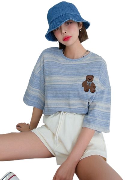 

dazy striped bear embroidery drop shoulder tee 98vr#, White