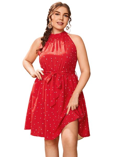 

plus heart print belted dress d4gc#, Black