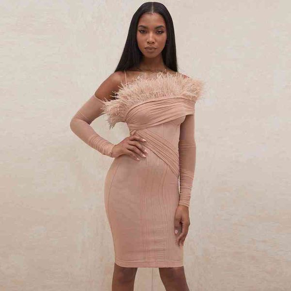

beaukey winter women bandage dresses bodycon slash neck feathers club khaki off shoulder celebrity vestido knee length 210414, Black;gray