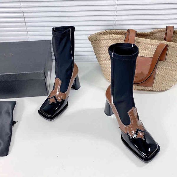 

boots high end quality style elastic boots women's fashion square head thick heels british color matching leather high-heeled medium, Black