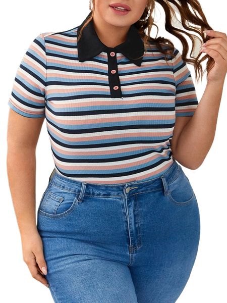 

plus block striped polo neck tee a88q#, Black