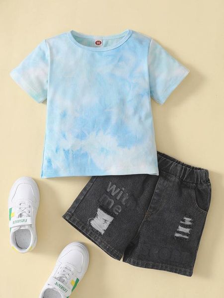 

toddler girls tie dye tee & ripped frayed denim shorts she, White