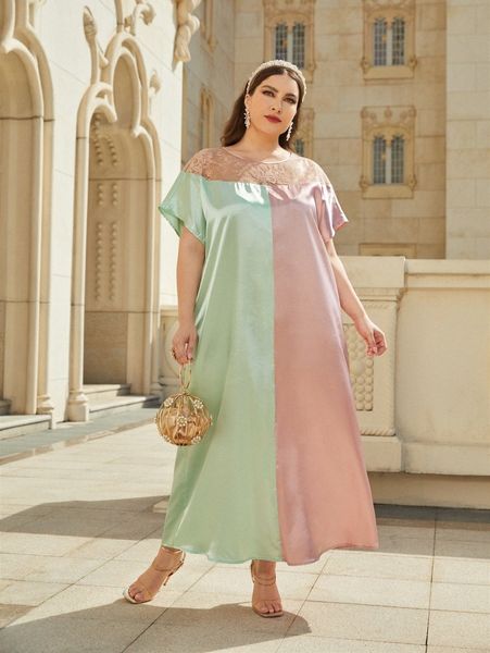 

plus two tone contrast floral embroidery mesh satin dress i0wo#, Black