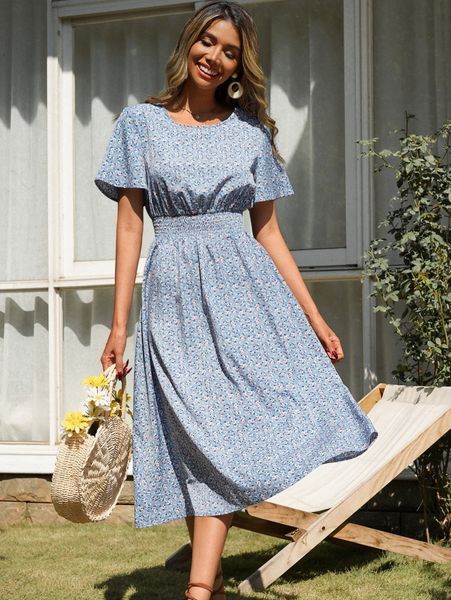 

ditsy floral butterfly sleeve shirred waist dress 634z#, Black;gray