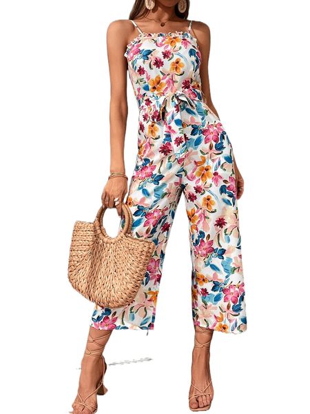 

allover floral print frilled belted cami jumpsuit a8an#, Black;white
