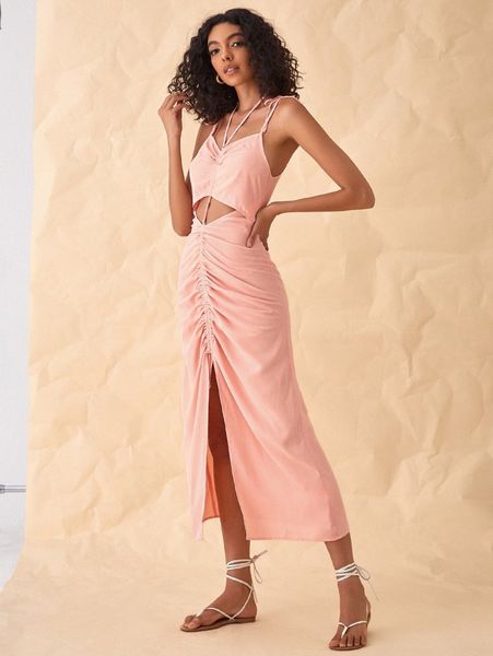 

beaded detail cut out ruched split thigh dress 24dn#, Black;gray