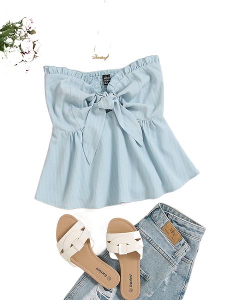 

knot bust frill trim shirred back tube y7fb#, White