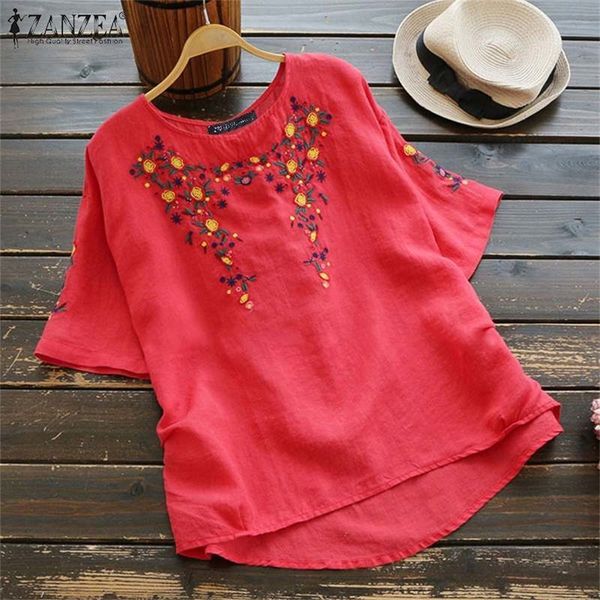

2019 women embroidery blouse summer shirts casual short sleeve cotton linen blusas chemise robe tunic femme blouses t200321, White