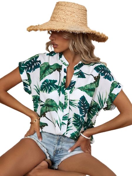 

tropical print dolman sleeve press crease detail blouse z5kl#, White