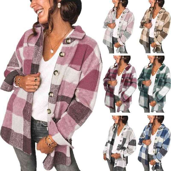 

casual dresses 2022 spring plaid shirt women's button up pocket casual coat women 6102, Black;gray