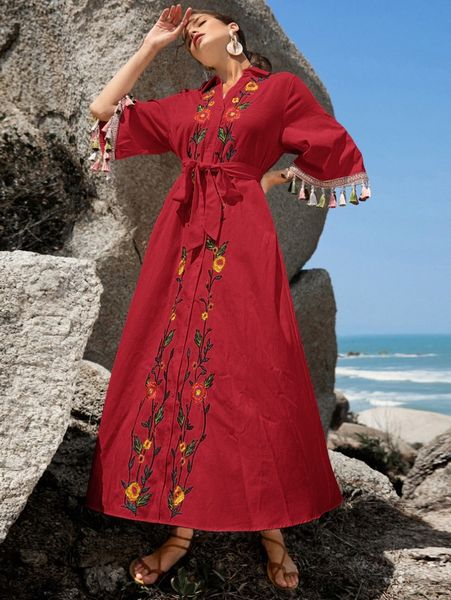 

tassel cuff floral embroidered belted shirt dress 65px#, Black;gray