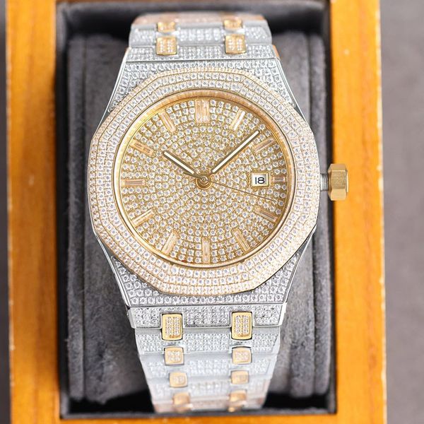 

classic full diamond mens watches automatic mechanical watch 40mm diamond bezel fashion wristwatch montre de luxe gifts for men, Slivery;brown
