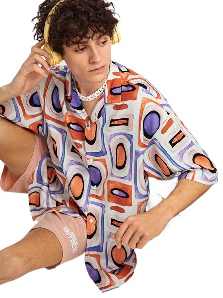 

men geo print revere collar shirt 99mh#, White;black