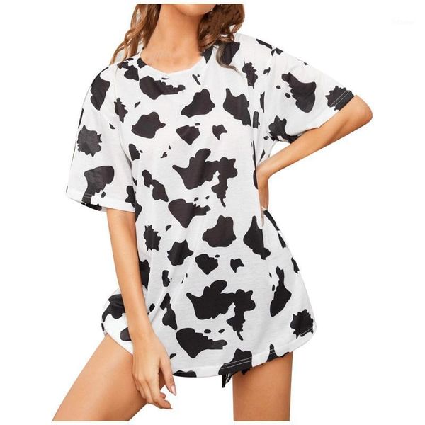 Camiseta de mujer Casual moda suelta cuello redondo estampado leche seda manga corta señoras negro chica Harajuku