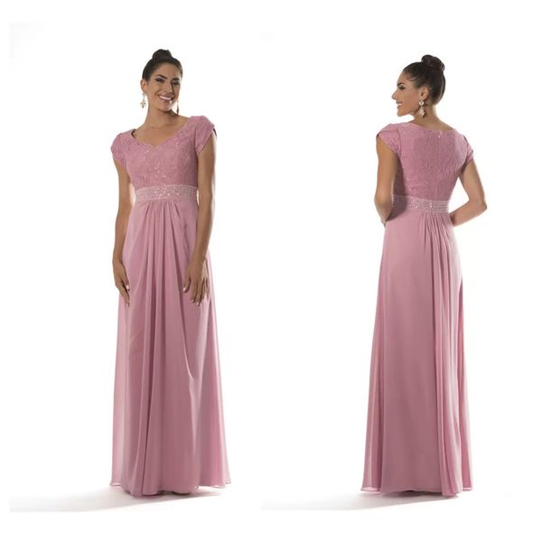 Пыльные розовые кружевные шифоновые длинные скромные платья подружки невесты с рукавами с крышкой A-Line с длинной длиной пола.
