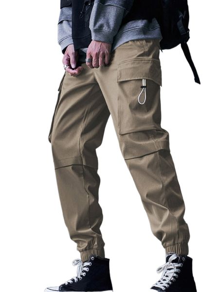 

men drawstring flap pocket side cargo pants z5bg#, Black