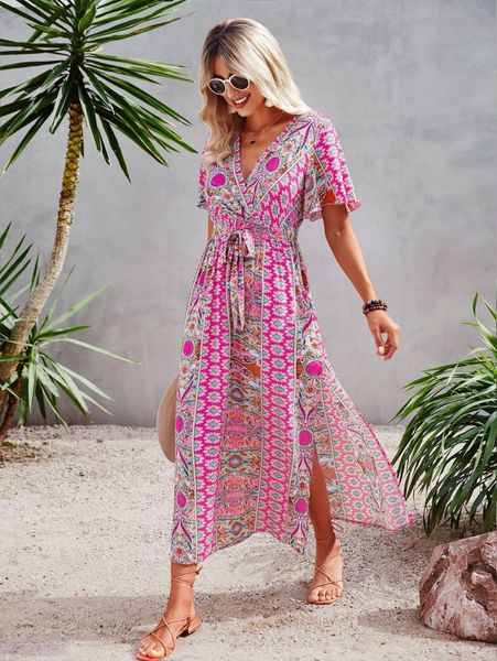 

allover print butterfly sleeve split side belted dress u2wk#, Black;gray