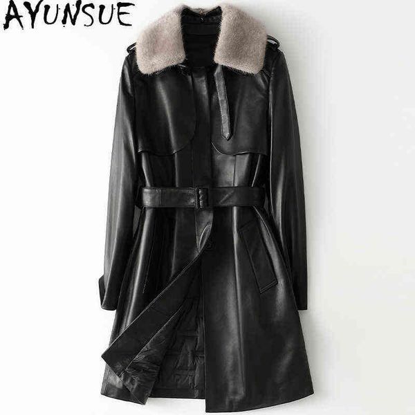 

ayunsue 100 real sheepskin coat women clothing mink fur collar down coat famale long leather jackets vest cuir femme 1169 j220727, Black