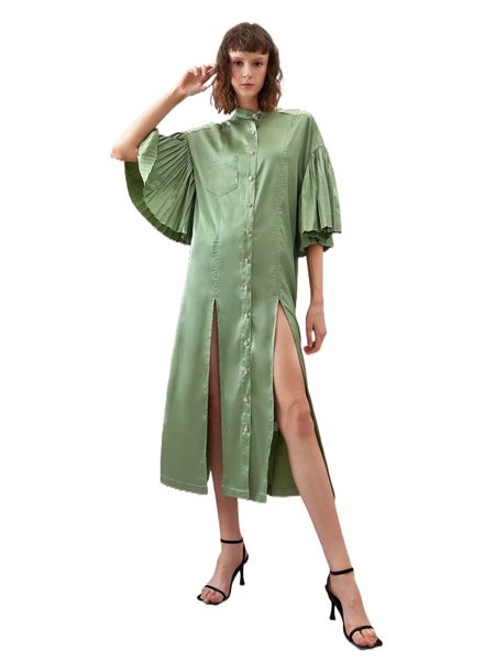 

x mcnx drop shoulder split thigh satin shirt dress m763#, Black;gray