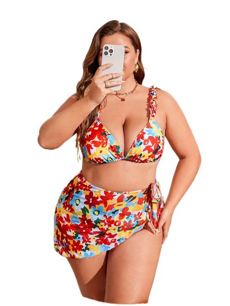 

plus floral frill trim triangle bikini swimsuit with beach skirt n13n#, White;black