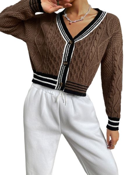 

striped trim drop shoulder cable knit cardigan e1ee#, White;black