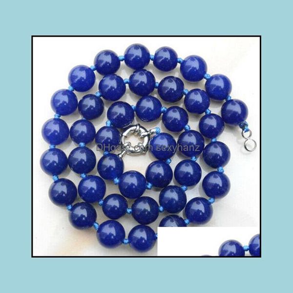 Цепи ожерелья подвески ювелирные изделия 10 мм натуральные сапфировые голубые нефритовые круглые бусинки колье 18 