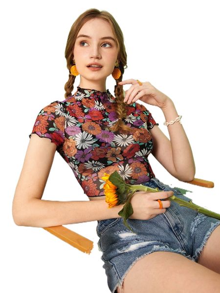 

mod allover floral print lettuce trim crop mesh tee u8u1#, White