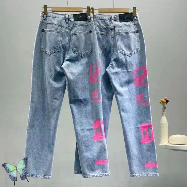 

denim straight loose jeans printed fluorescent graffiti trousers pants, Blue