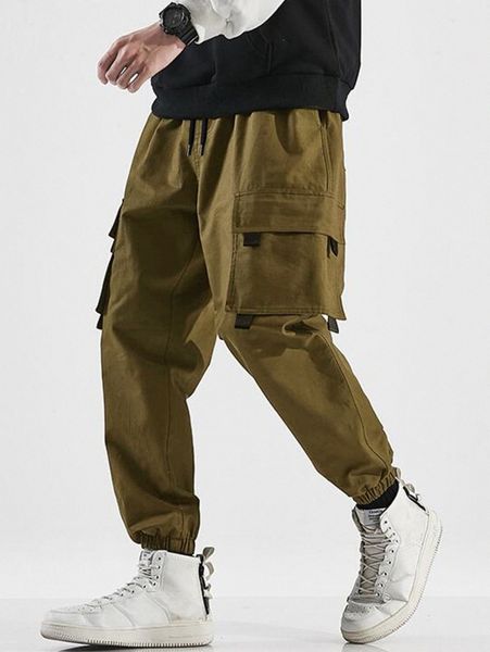 

men flap pockets drawstring waist utility pants g1yq#, Black