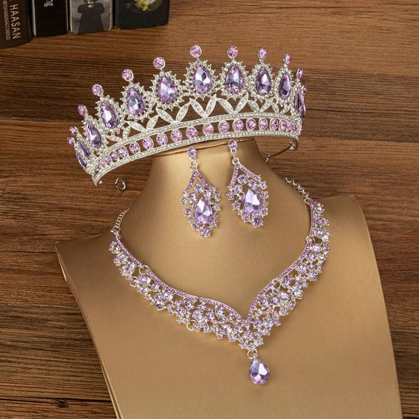 Brincos colar jóias de jóias de cristal roxo para mulheres tiaras coroa noiva dubai dubai acessóriosearrings