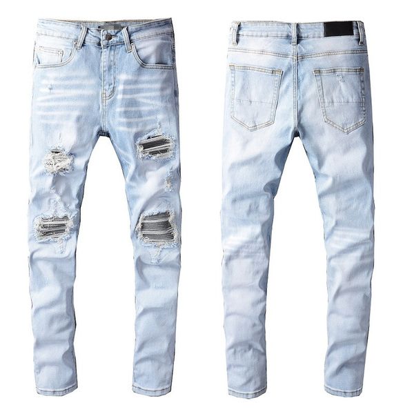 Uomo Skinny Fits Jeans Denim Ginocchio Strappato con Foro Slim per Uomo Motociclista Azzurro Moto Gamba Dritta Classico Designer Danneggiato Moda Toppe Pantaloni Elasticizzati Cerniera Lunga