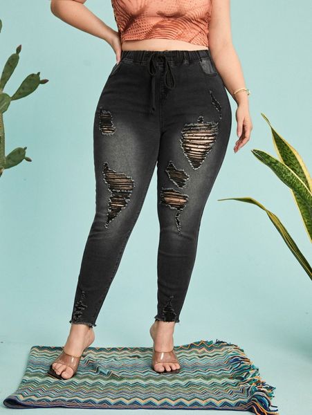 

plus drawstring waist ripped frayed raw hem skinny jeans t1ap#, Blue