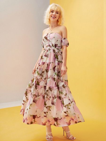 

x lilee floral print off shoulder tiered hem dress a0j9#, Black;gray