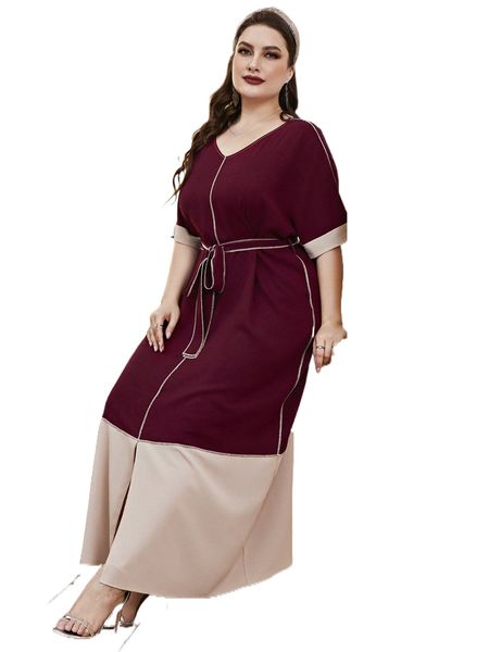 

plus stitching batwing sleeve split hem belted dress g9gg#, Black